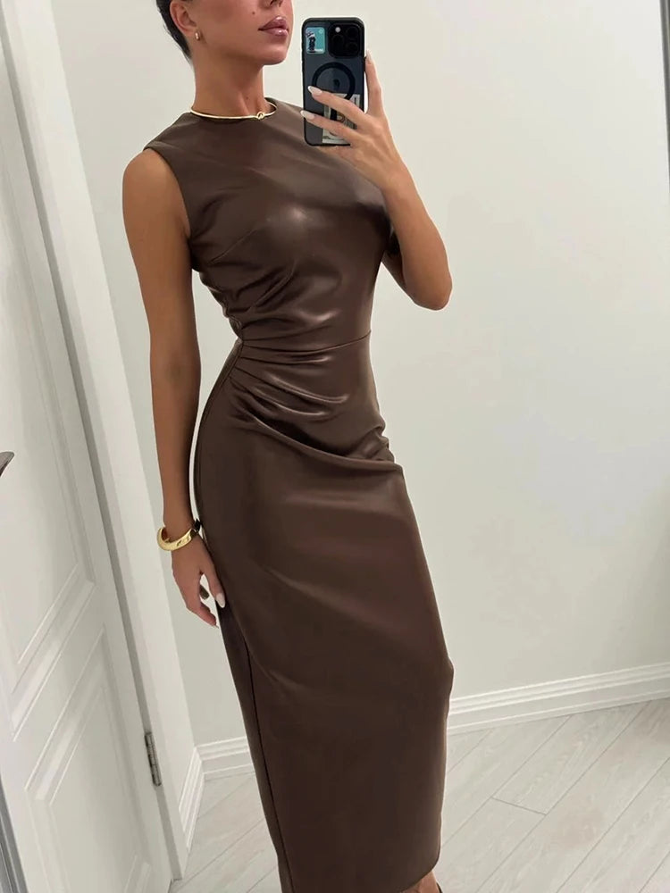 TARUXY Sleeveless Leather Dress – Ruched Slim Fit