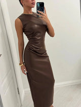 TARUXY Sleeveless Leather Dress – Ruched Slim Fit