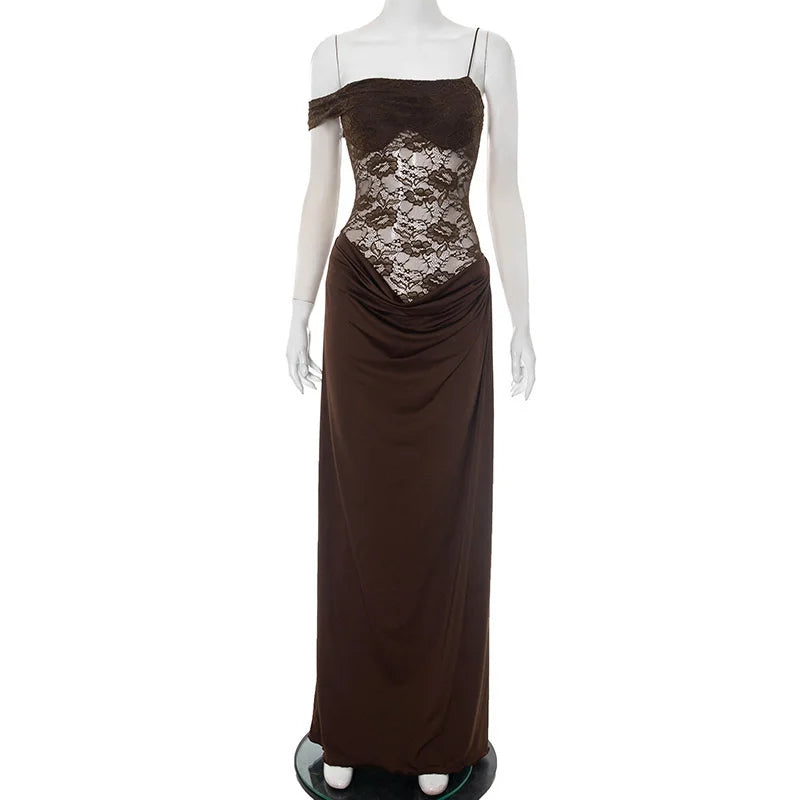 One-Shoulder Lace Gown – Sleeveless Backless Maxi Club Dress