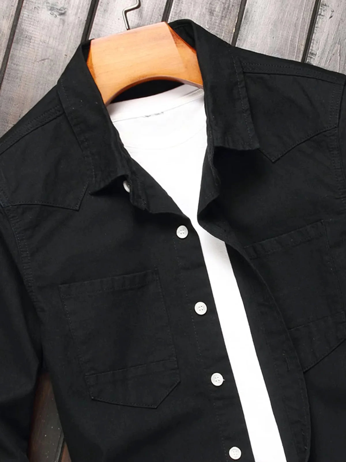 Men's Black Classic Western-Style Long Sleeve Casual Lapel Button Workwear Denim Shirt