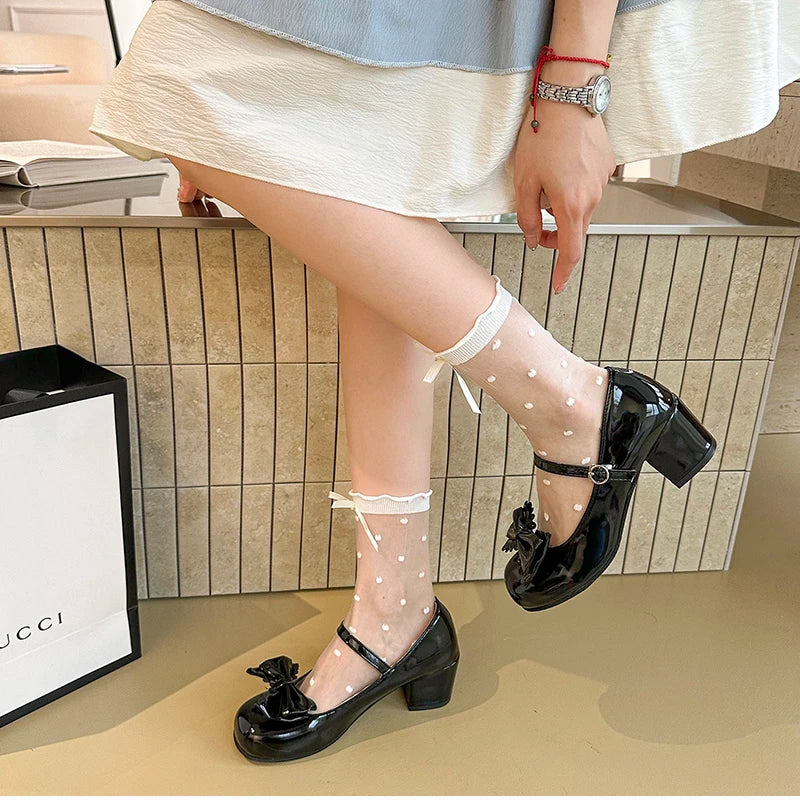 Cute Butterfly-knot Women Lolita Mary Jane Shoes Concise Thick Heel Leather Shoes Ladies Shallow Pumps