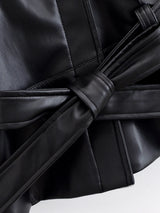 HH Women Vintage Motorcycle Jacket With Belt Faux Leather Trench Coat Long Sleeve Lapel Zipper Jacket Autumn High Street Outwear