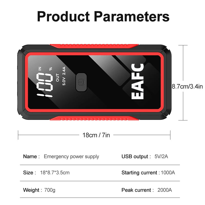 EAFC 12V  Car Jump Starter Power Bank Portable Car Battery Booster ChargerStarting Device Auto Emergency Start-up Lighting