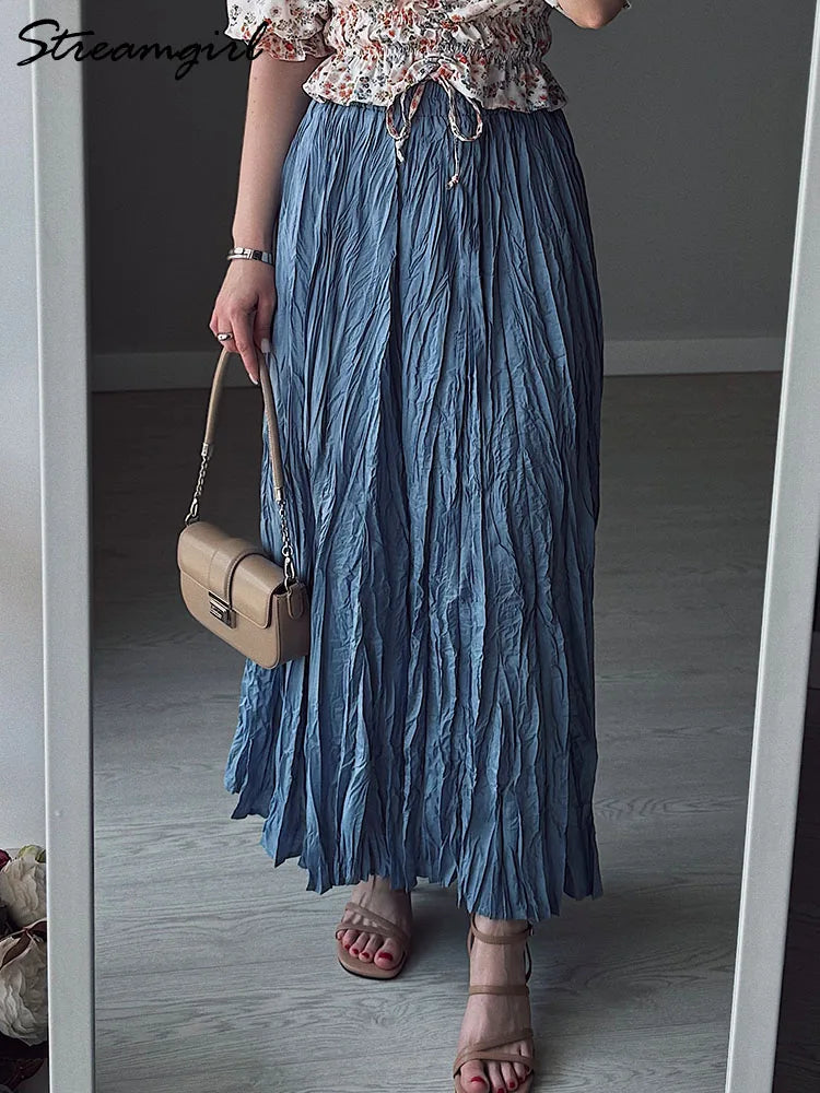 Women's Pleated Maxi Skirt – Elegant A-Line Beach Style