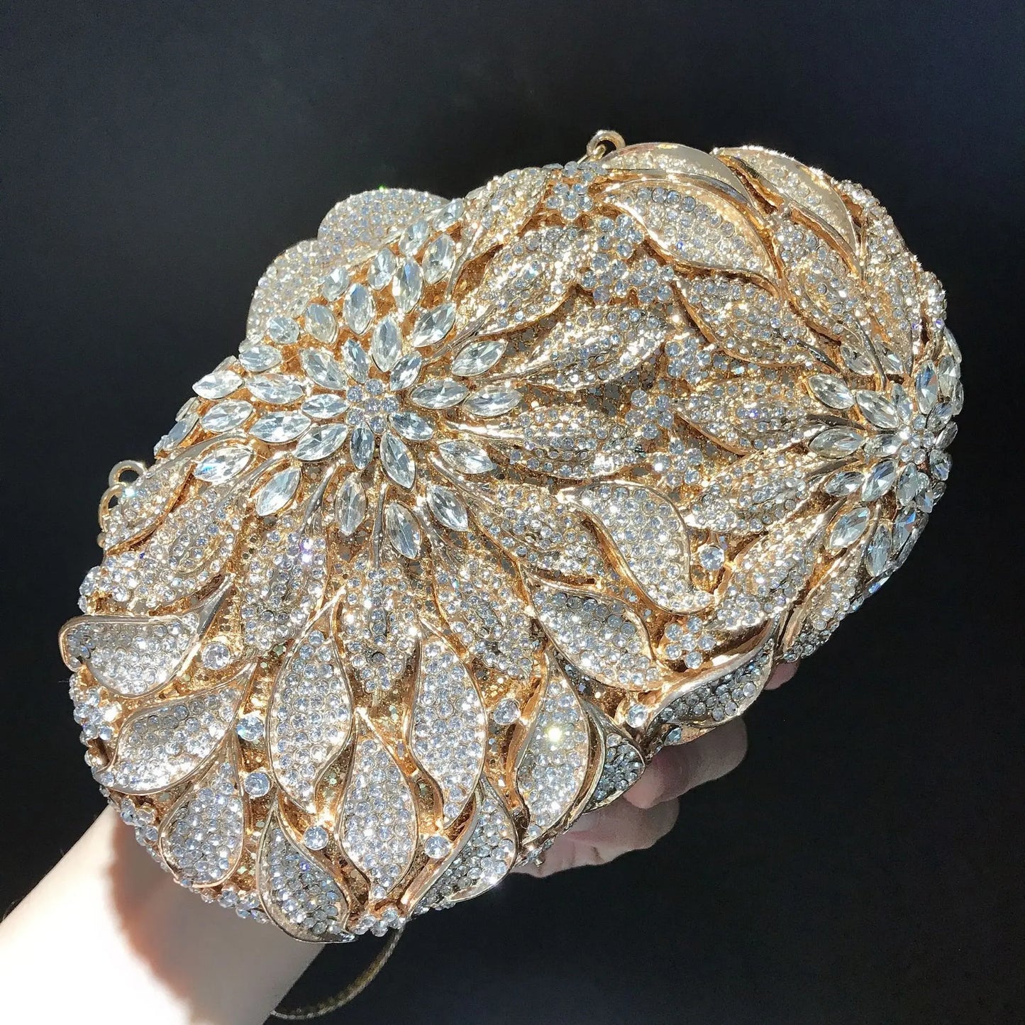 Gold Metal Leaves White Crystals Evening Clutch Bags Luxury Women Wedding Party Purse Ball Handbags Rhinestone Mini Shell Bag