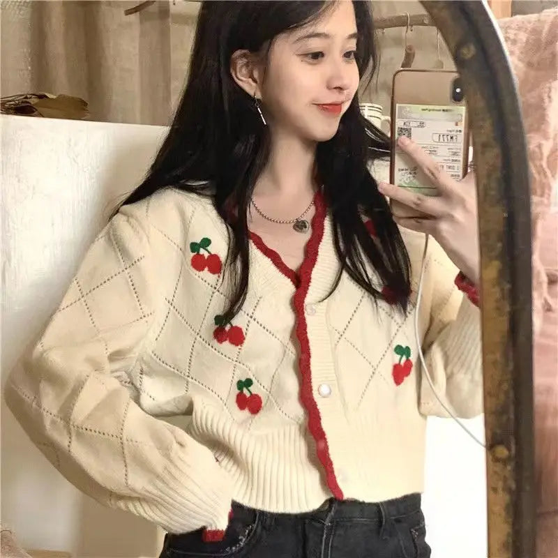 Floral V-Neck Button-Up Knit Cardigan for Women