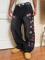 Men's Cherry Blossom Embroidered Wide-Leg Jeans