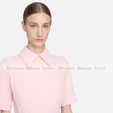 Customized Pink Cocktail Dress Short Sleeves Point Collar Modern Party Gowns Midi Tea Length Simple Women's Formal Dresses 2026