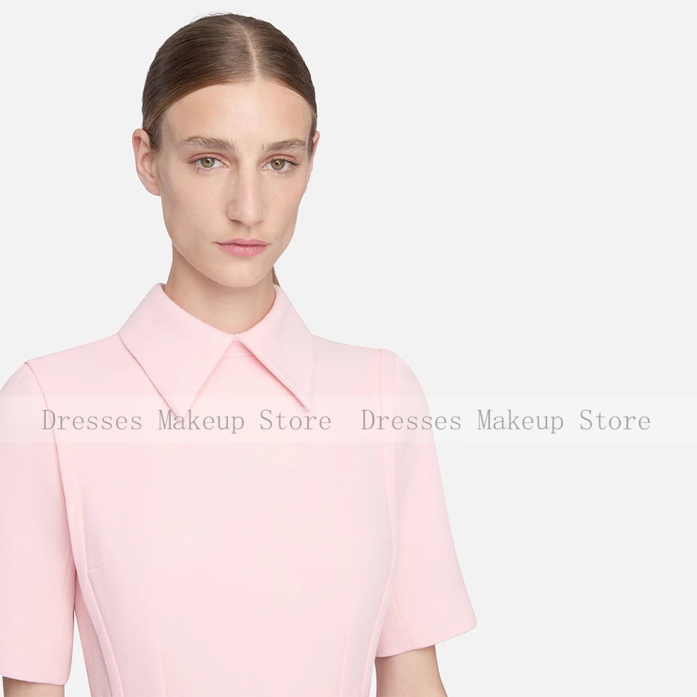 Customized Pink Cocktail Dress Short Sleeves Point Collar Modern Party Gowns Midi Tea Length Simple Women's Formal Dresses 2026