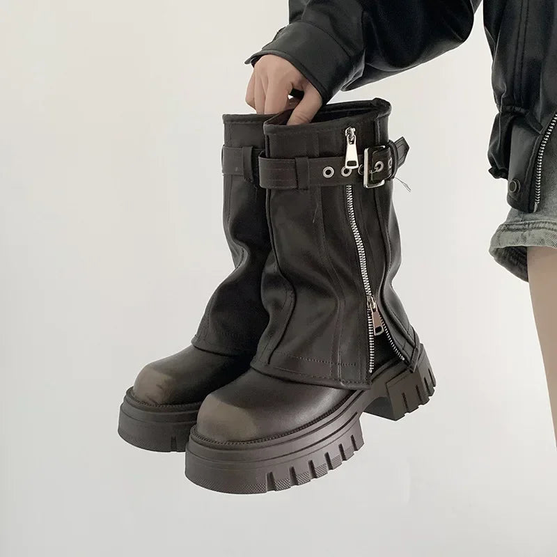 Women's Biker Boots – Belt Buckle Platform Mid-Calf