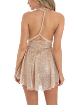 Women's Sparkly Sequin Halter Mini Dress – Backless Fit & Flare Clubwear