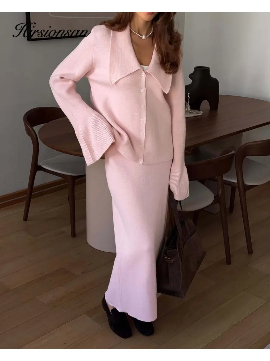 Hirsionsan Sexy Soft Elegant Vintage Women Suits 2 Pieces Female Sets Polo Neck Cardigan Sweater & Midi Dress Knitted TrackSuit