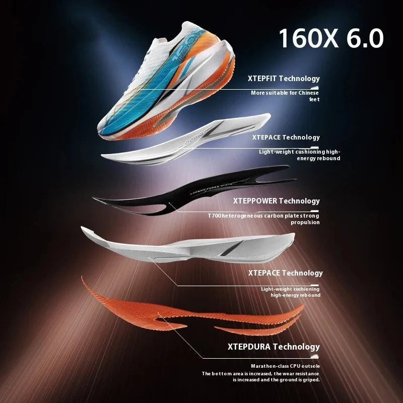 Xtep 160X 6.0 Running Shoes Professional Marathon PB Carbon Plate For Men Cushioning Shock Absorption Sneakers 976319110057