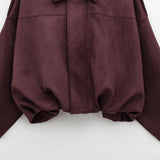 HXAO Women's Bomber Jacket Lapel Long Sleeve Zipper Suede Jacket Women 2025 High Street Cropped Racing Jackets Coats Outerwears