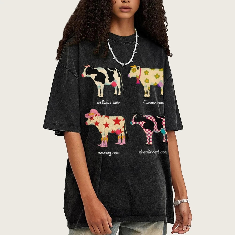 Cute Cartoon Cow Print T-Shirt Pure Cotton Washed Shoulder Round Neck Neutral Style Fashion Trend New High Quality Short Sleeves