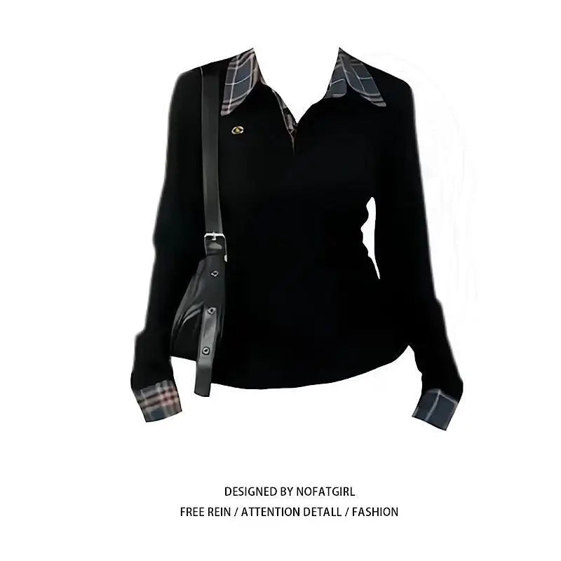 American Sle  Collar Long Sve T-irt Women's Slim Fit Embroidered Fake Two-Piece Top Trendy Autumn New Arrival