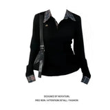 American Sle  Collar Long Sve T-irt Women's Slim Fit Embroidered Fake Two-Piece Top Trendy Autumn New Arrival