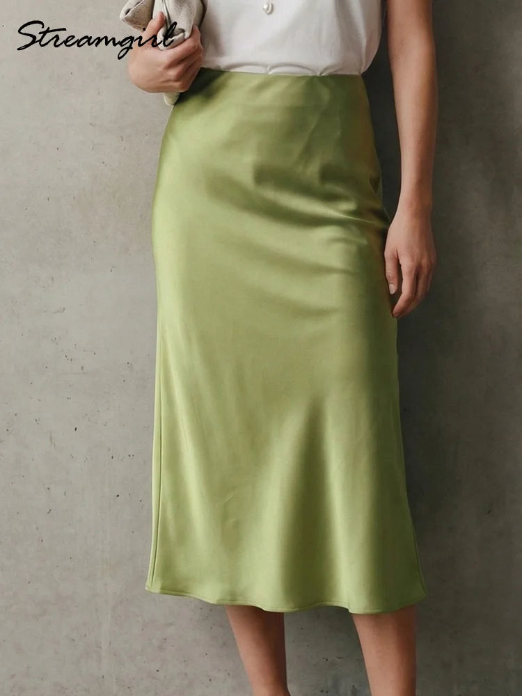 Women's Satin Midi Skirt – Elegant A-Line with Slit