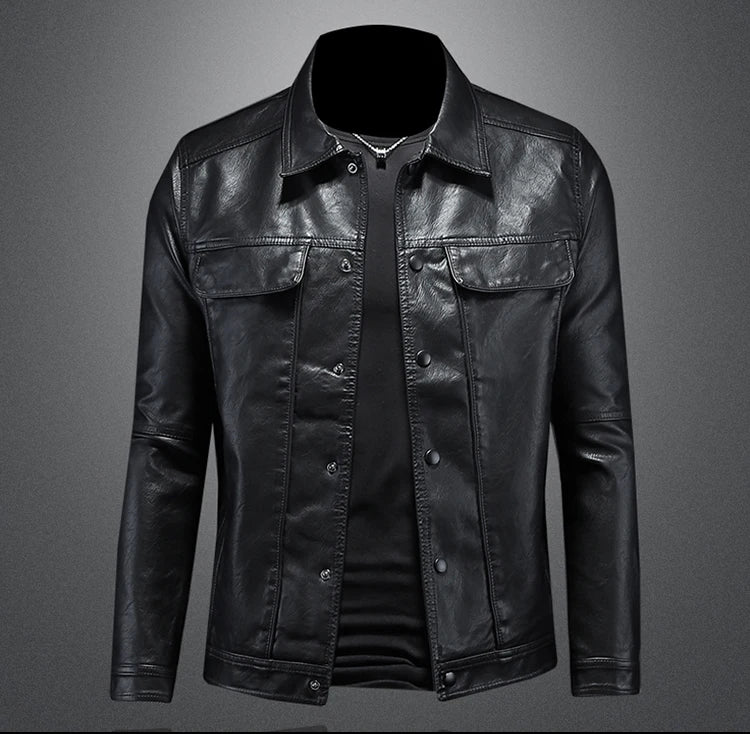 2024 Autumn and Winter New Men's Fashion Handsome with Solid Color Boutique Lapel Motorcycle Leather Coat Slim Fashion  M-5XL