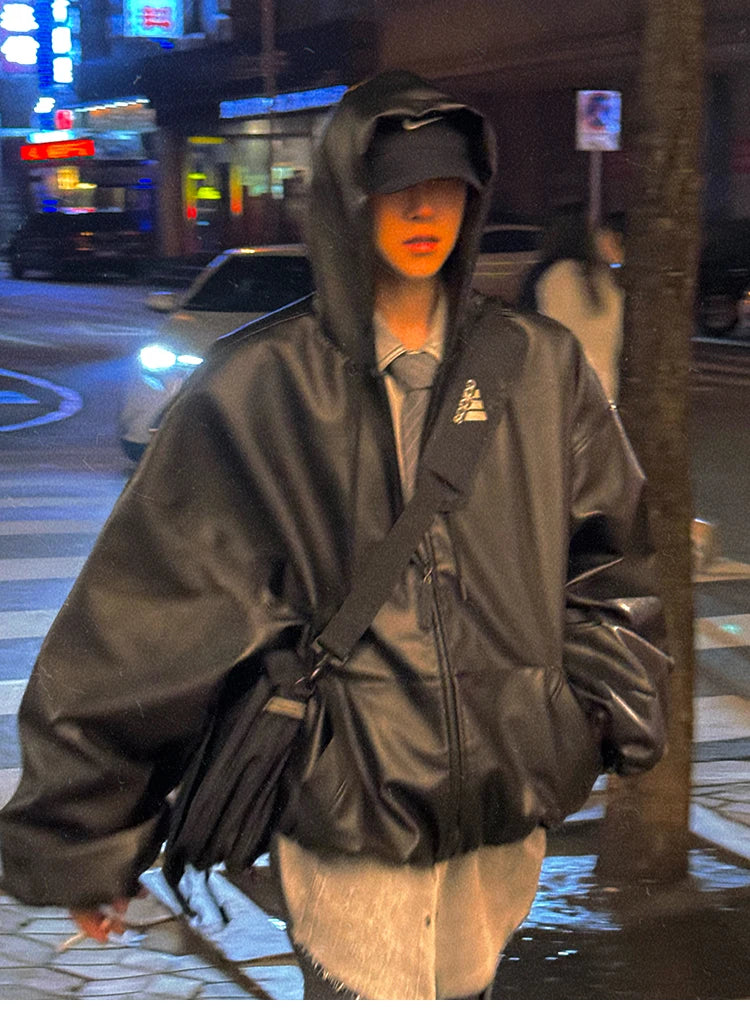 Men’s Oversized Hooded Faux Leather Jacket