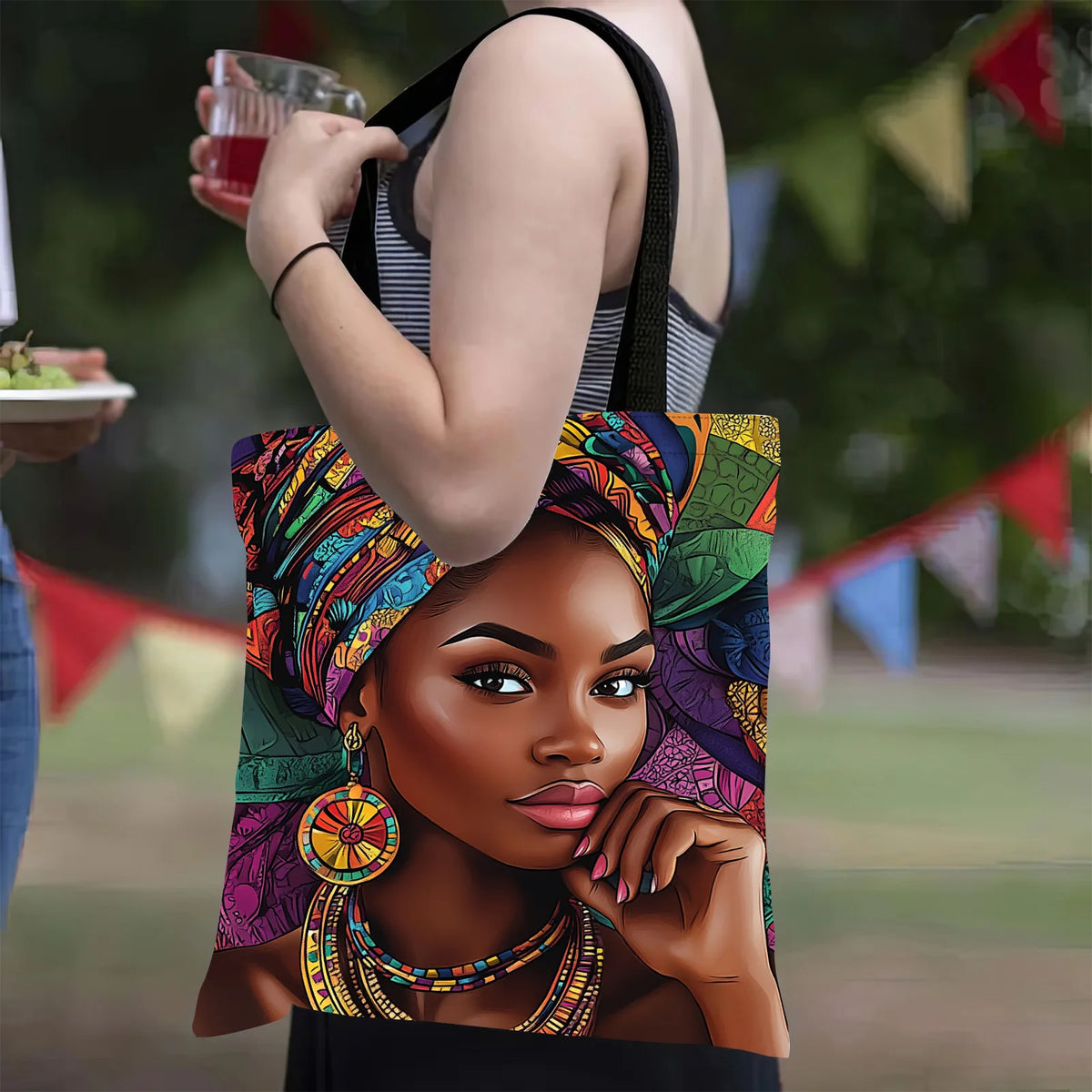 African Women Print Linen Tote Bag, Aesthetic School Shoulder Bag, Lightweight Grocery Shopping Bag