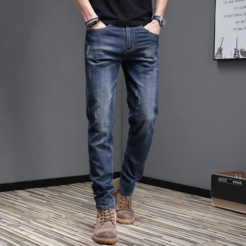 Embroidered Jeans Men's Autumn Winter New Korean Fashion Slim Little Feet Trousers Stretch Vintage Street Denim Trousers Male