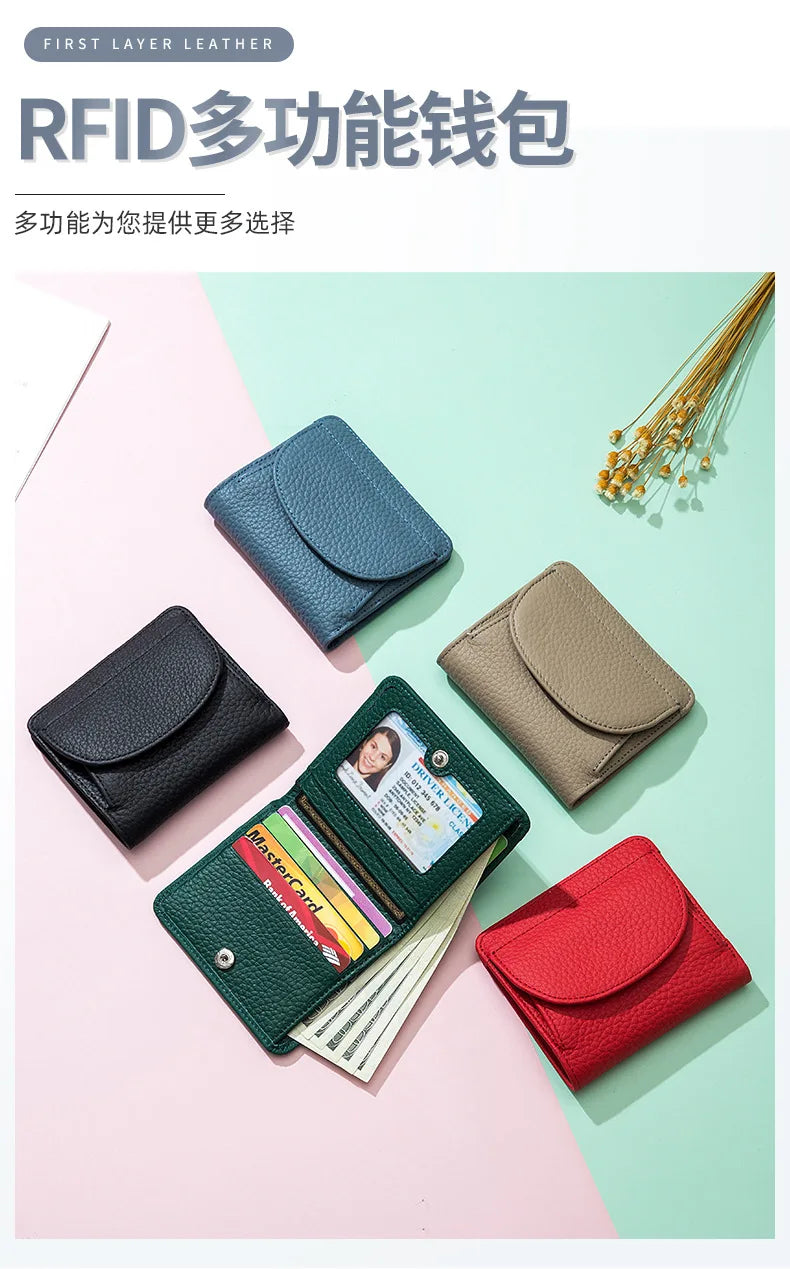 New Women Genuine Leather Mini Wallet RFID Folding Simple Ultra-thin Small Soft Cowhide Wallet Female Card Holder Coin Bags