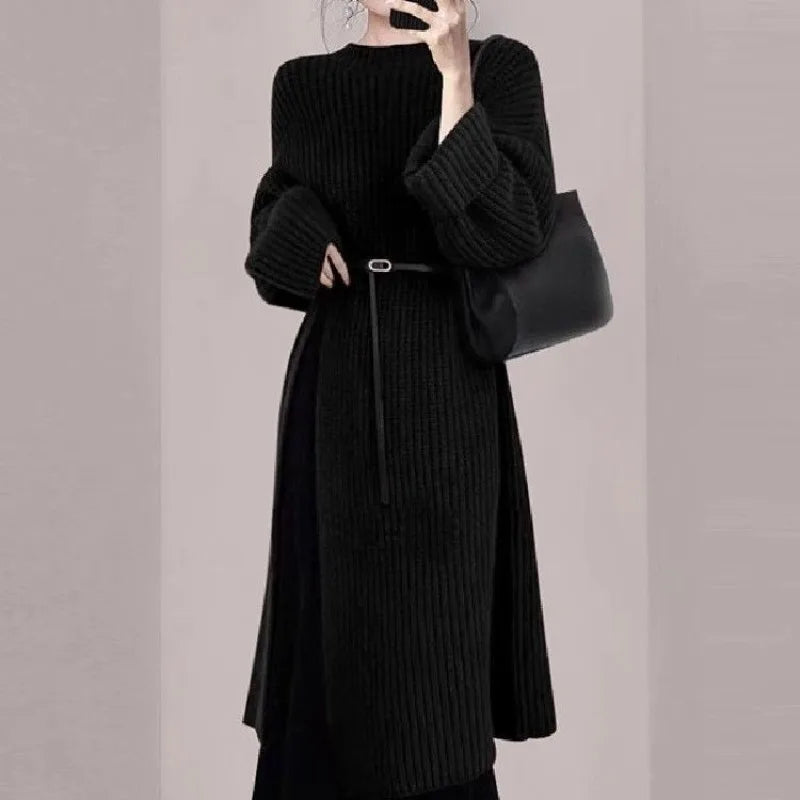 Women's Spring Autumn Long Split Sweater Sling Dress Two Piece Set Lady Graceful Black Knit Clothing Sleeveless Dresses Outfits