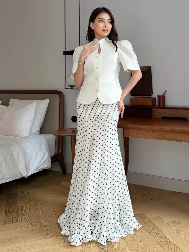 Women Polka Dot Print High Waist Maxi Skirt Elegant Ruched Mermaid Long Skirts 2026 Summer Casual Vacation Fashion  Outwear