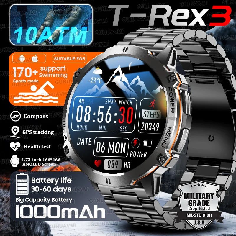 2025 New 1000mAh Battery Sports SmartWatch 1.73" AMOLED Screen 10ATM Waterproof Compass Altimeter Military T-Rex3 Smartwatch Men