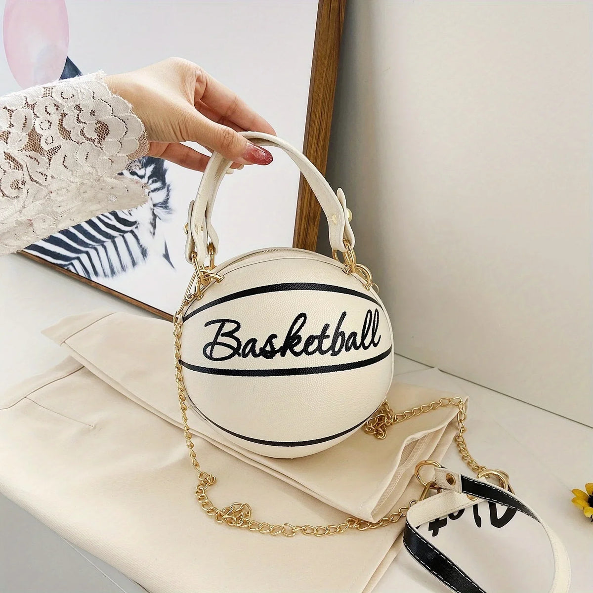 Basketball Shaped Crossbody Bag, Trendy Chain Shoulder Bag, PU Leather Top Handle Circle Purse handbags  women bag