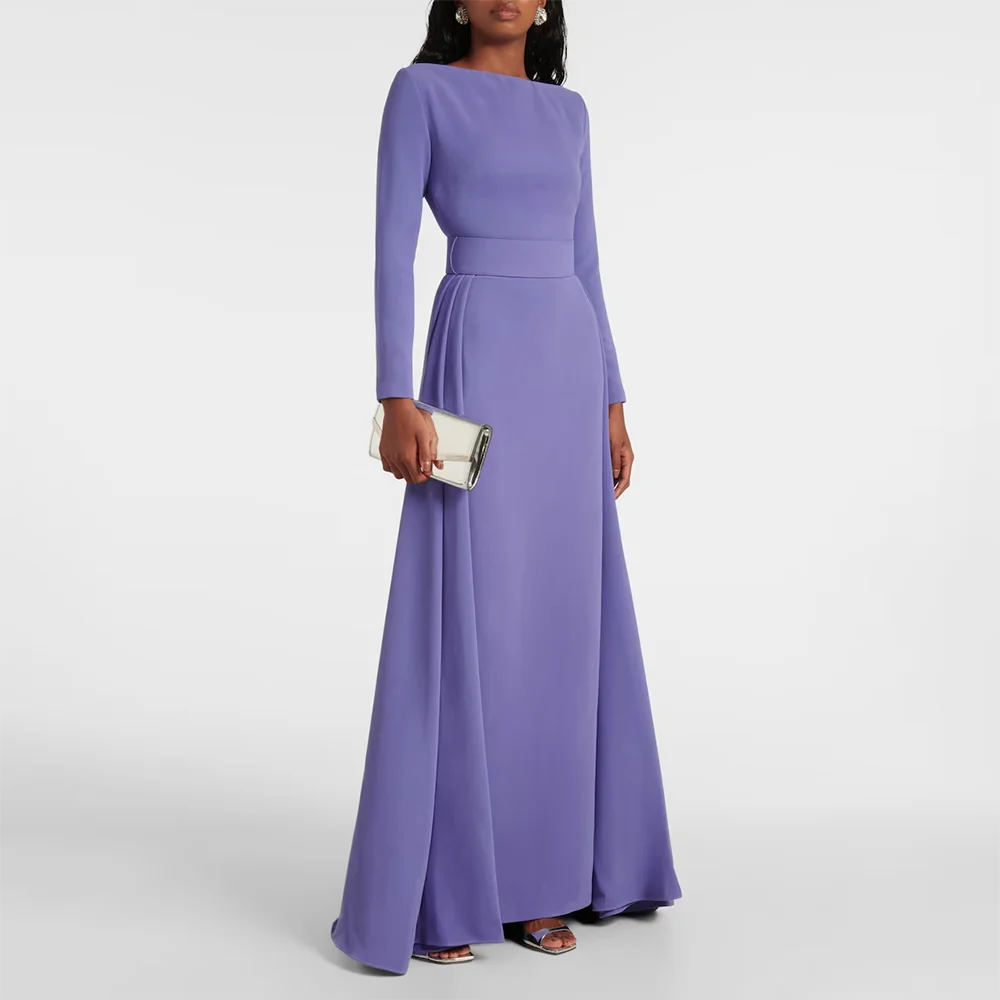 Lavender Jersey Evening Dress Boat Neck Long Sleeves A Line Prom Gown Floor Length Formal Party Dress Customized 2026