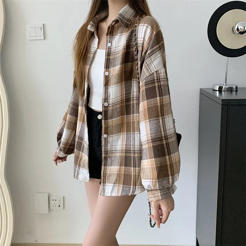 Vintage Plaid Long-Sleeve Blouse