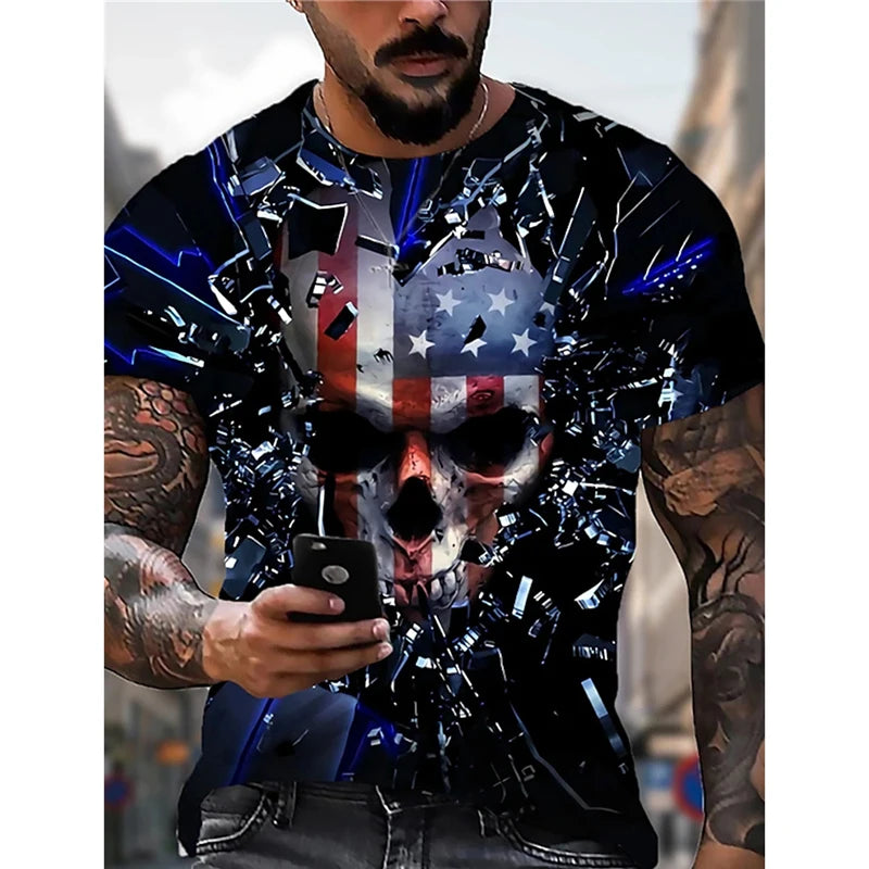Men's USA Retro Flag & 3D Skull T-Shirt