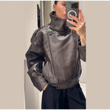 2026 Autumn Women's Faux Leather Jacket Brown Black Long Sleeve Stand Collar Thick Loose Lady Coat Fashion Motorcycle Streetwear