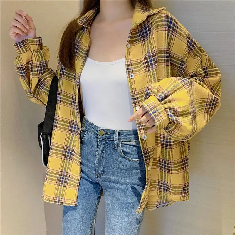 Vintage Plaid Long-Sleeve Blouse