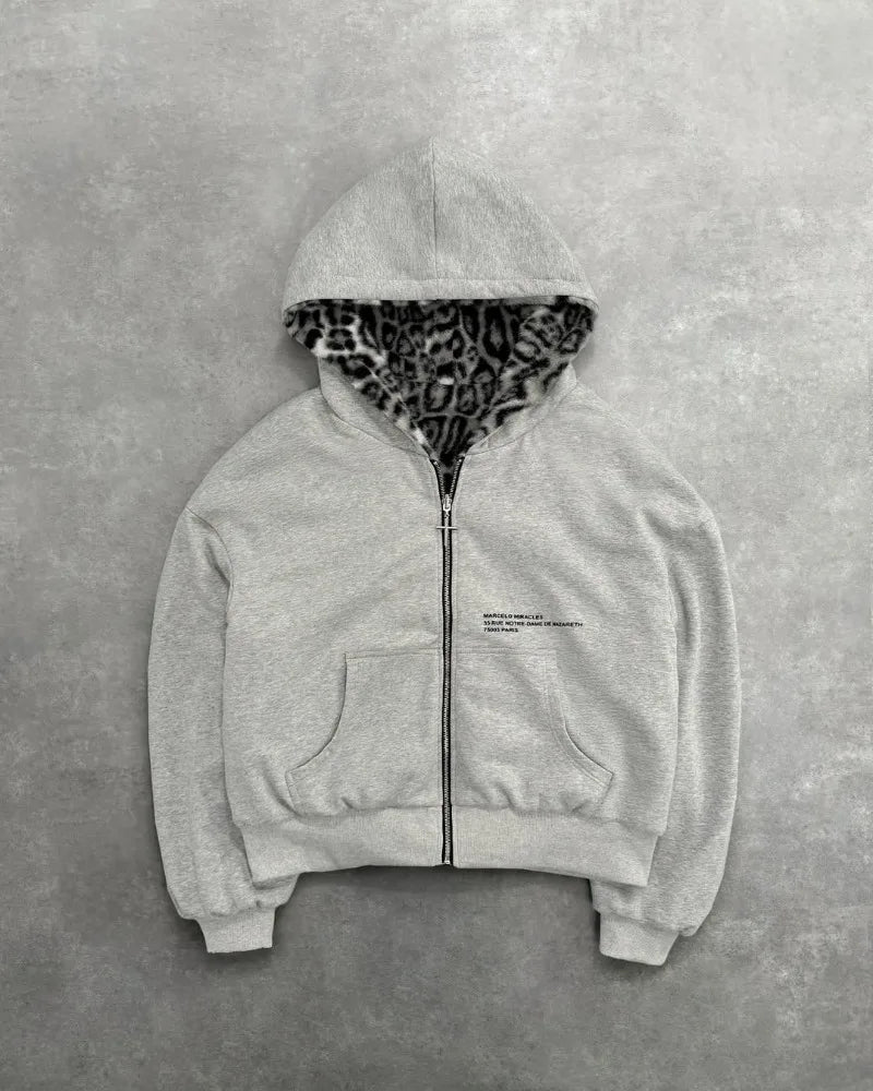 Leopard Print Two Sides Retro Fashion Wearing Loose Zipper Hoodie Men High Street Trend Punk Casual Oversized Sweatshirts Women