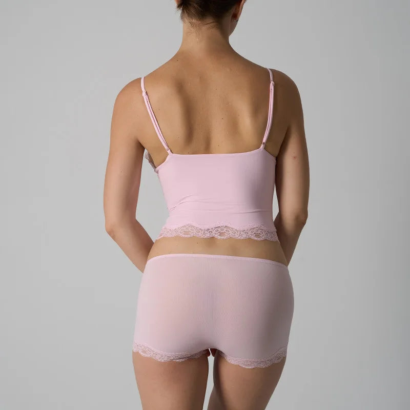 Europe American Simple Pink Light Thin Lace Strap Tank Top Flat Corner Lace Underwear for Women Comfortable Stretchy Short Sets