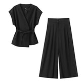 2-Piece Sleeveless V-Neck Trouser Set with Belt – Summer Commuter Wide Leg Suit