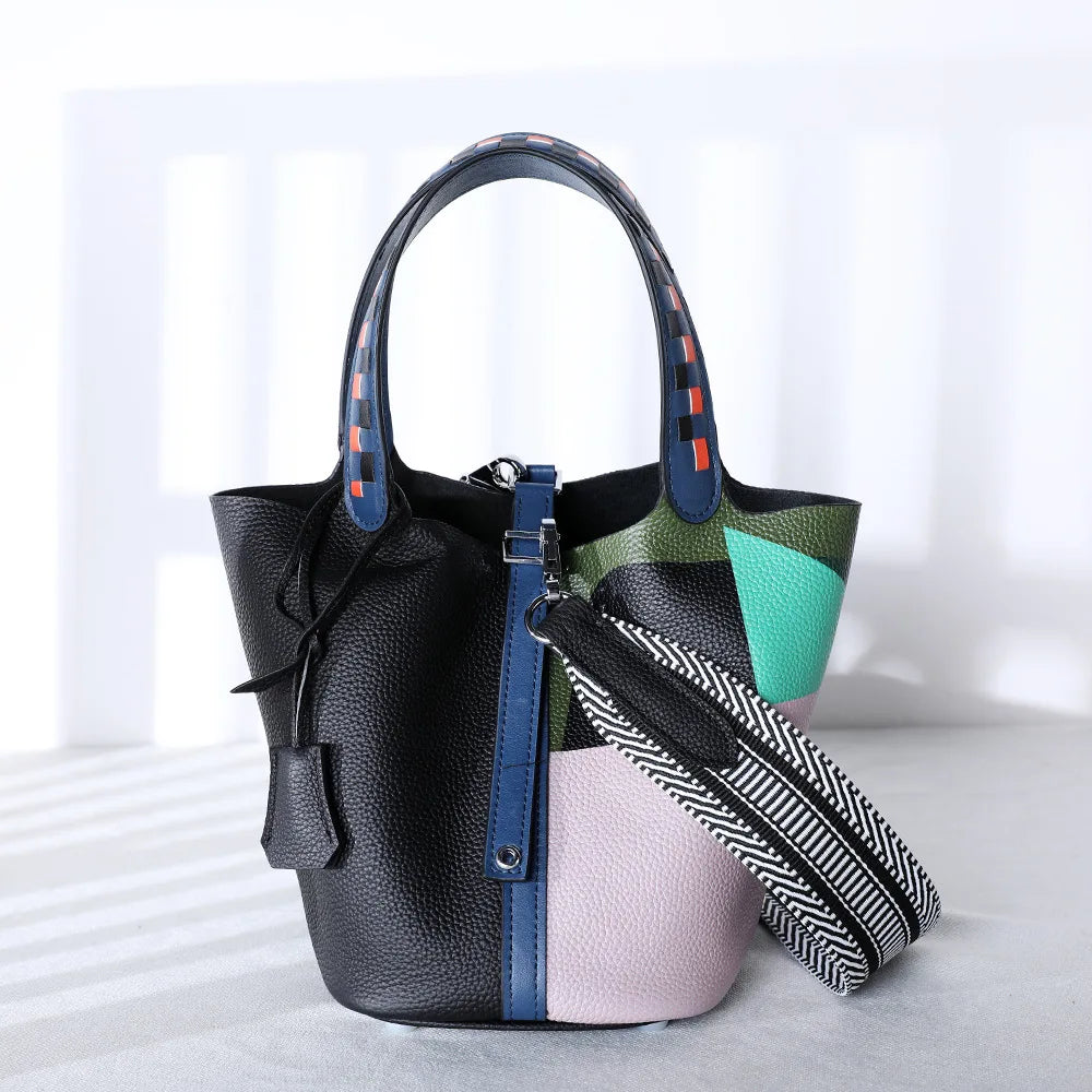Purses and Handbags Bags for Women Painting Vegetable Basket Handbag Adjustable Shoulder Strap Genuine Leather Bucket Bag