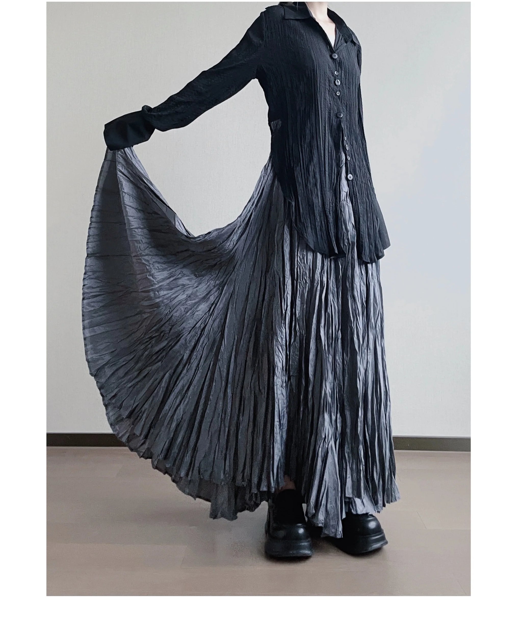 UMI MAO Irregular Fold Maxi Skirt – Elegant A-Line
