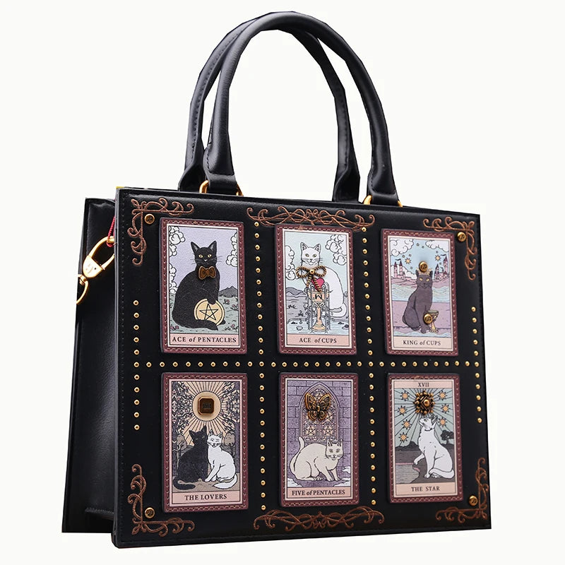 Vintage Luxury Leather Tote – Designer Cat Embroidery Shoulder Bag