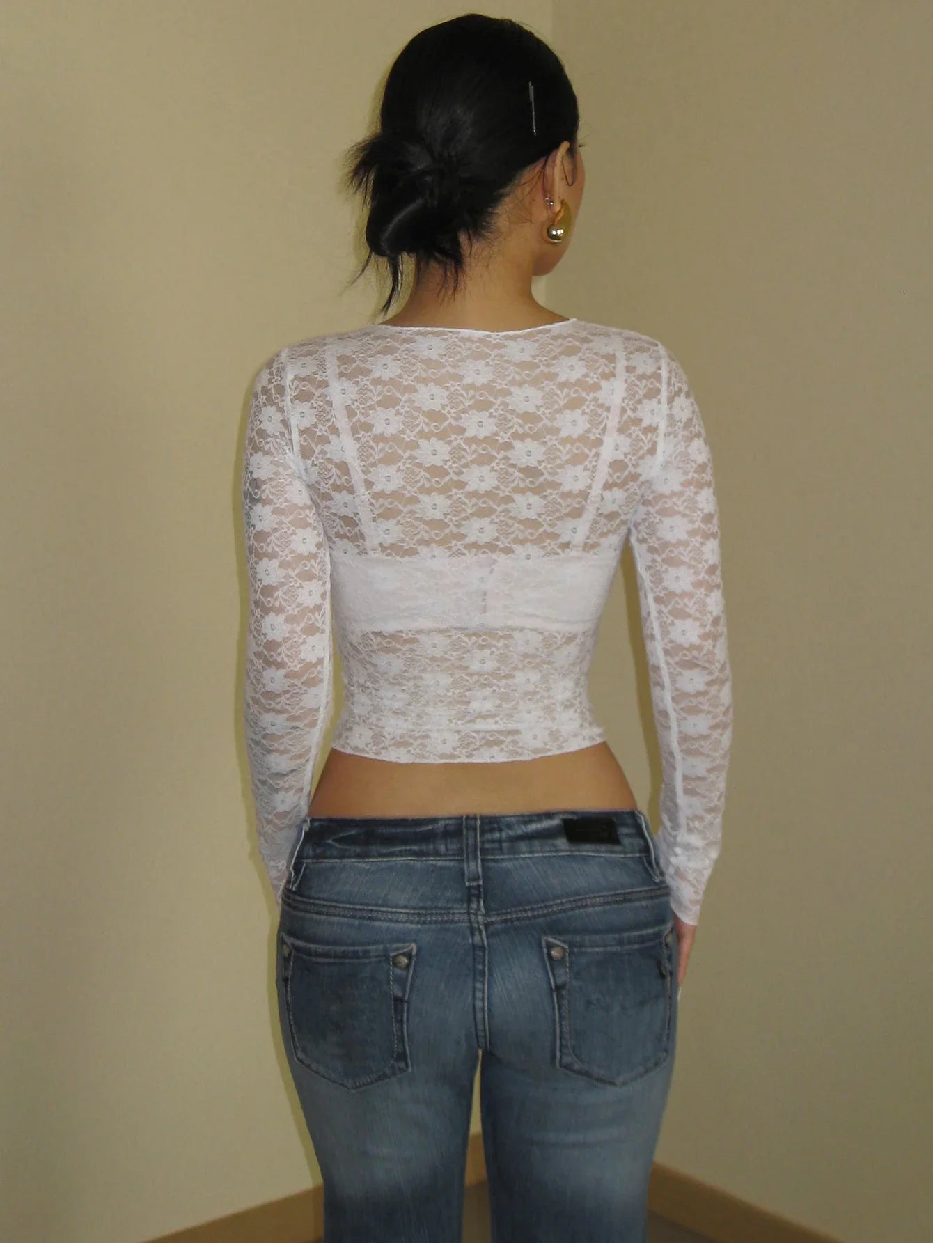 Elegant Sheer Lace Long Sleeve Crop Top