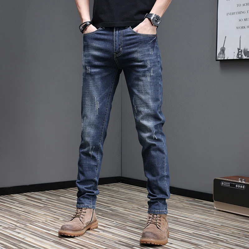 Embroidered Jeans Men's Autumn Winter New Korean Fashion Slim Little Feet Trousers Stretch Vintage Street Denim Trousers Male