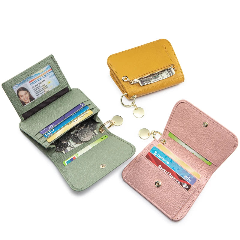 Women Genuine Leather Slim TriFold Wallet Credit Card Holder With Zipper Coin Pouch, ID Window & Keychain
