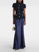 VGH Chic Two Piece Sets for Women Stand Collar Short Sleeves Spliced Pocket Tweed Top High Waist Maxi Skirts Vintage Suit Female