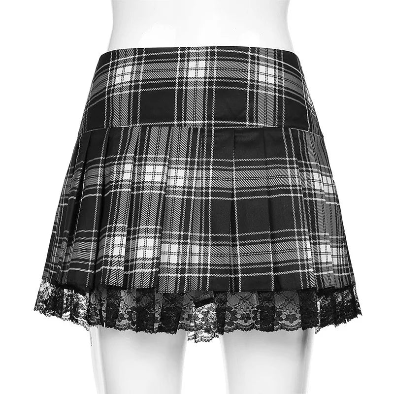 Pink Plaid Y2K Pleated Mini Skirt with Lace Trim