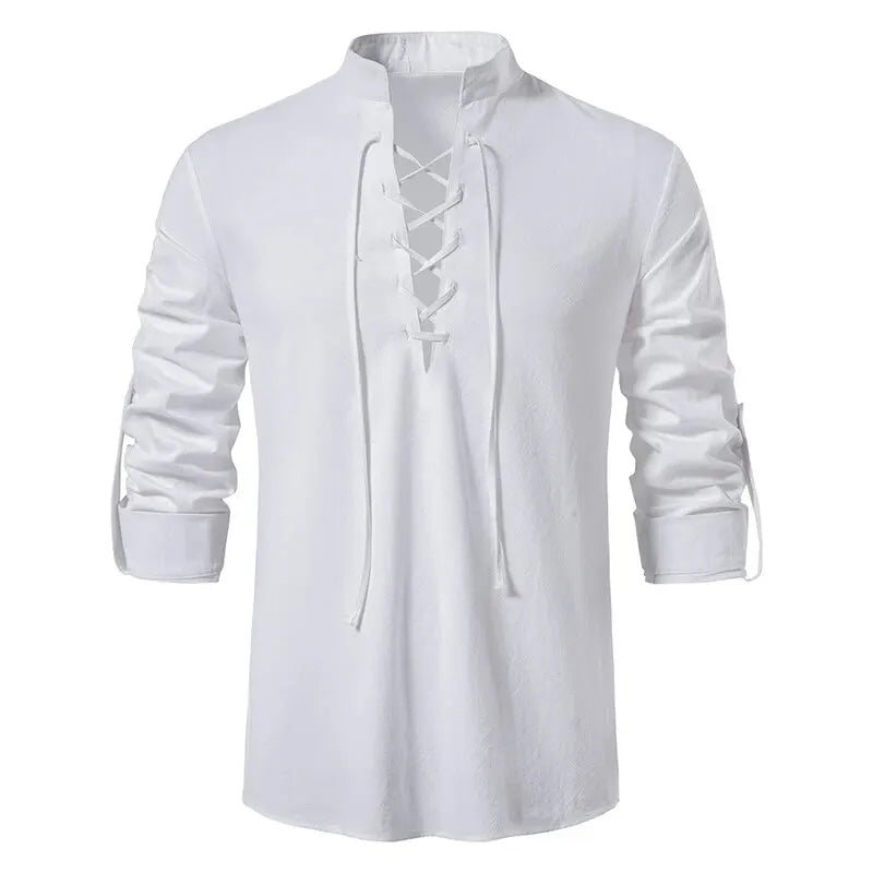 King Billion Men's Shirts Casual Men Cotton Linen Long Sleeve T-shirt Spring Autumn Vintage Shirt US Size Drawstring Neck