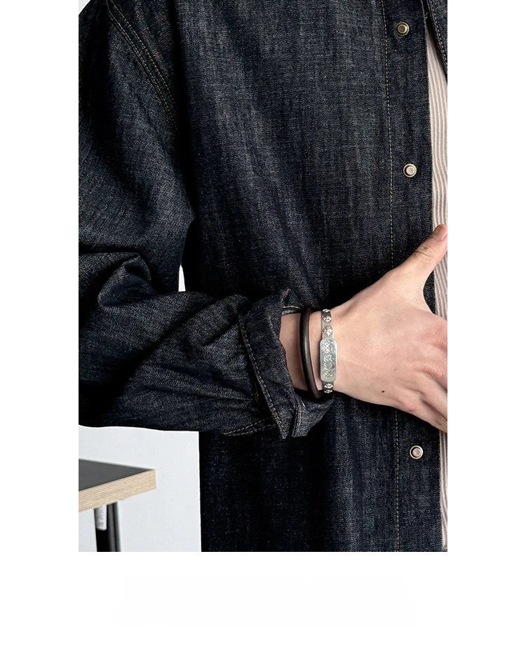 Men's American Vintage Washed Raw Denim Work Shirt Loose Fit Casual Trendy Overshirt Coat Premium Lyocell Spring Fall Streetwear