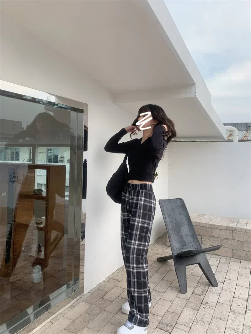 Plaid Plush Wide-Leg Trousers